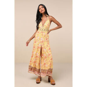 Lulus Blissful Presence Yellow Floral Crochet Lace Halter Jumpsuit - Size M